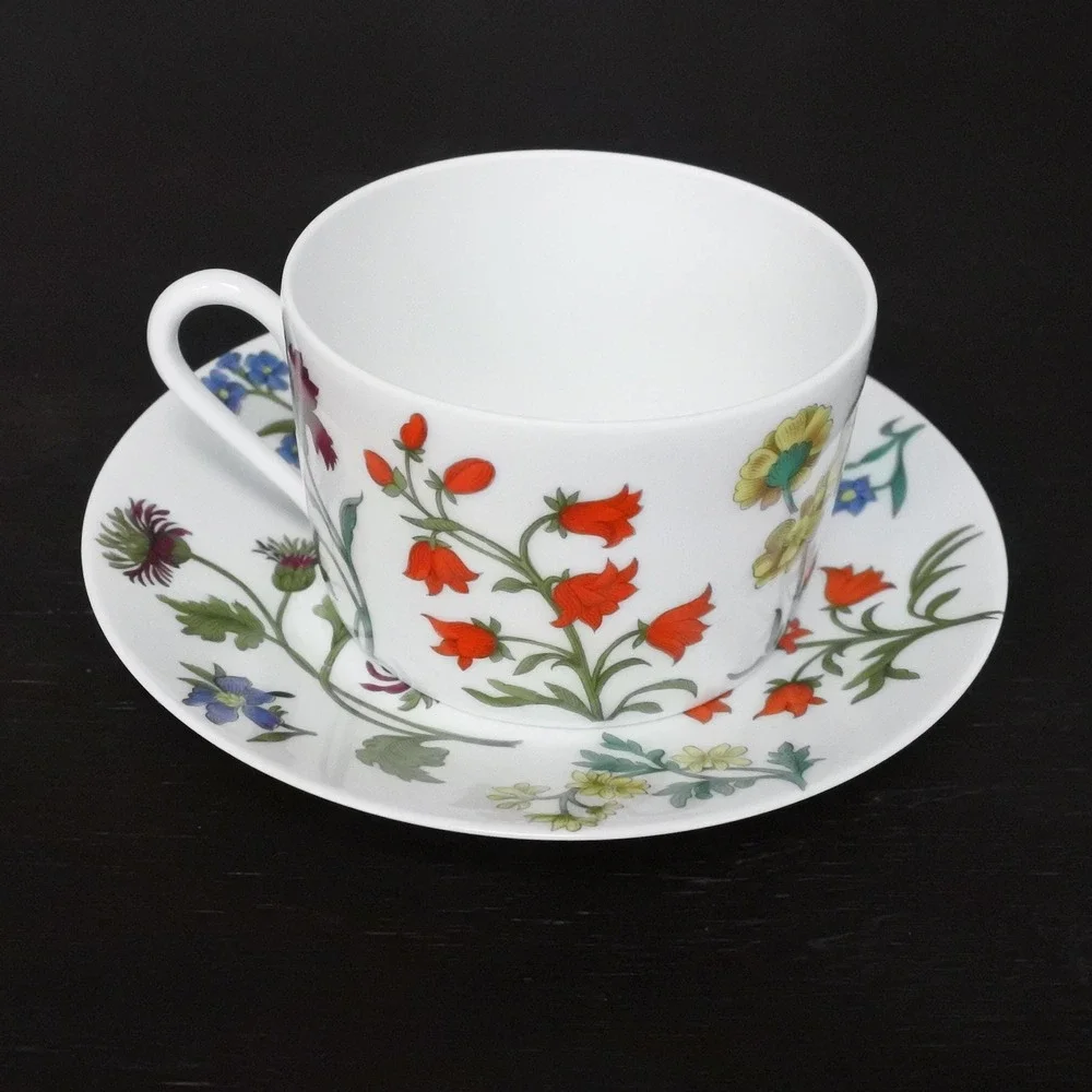 Vintage 70s Porcelaine de Paris Limoges Decor Herbier Coffee Tea Cup Saucer Set